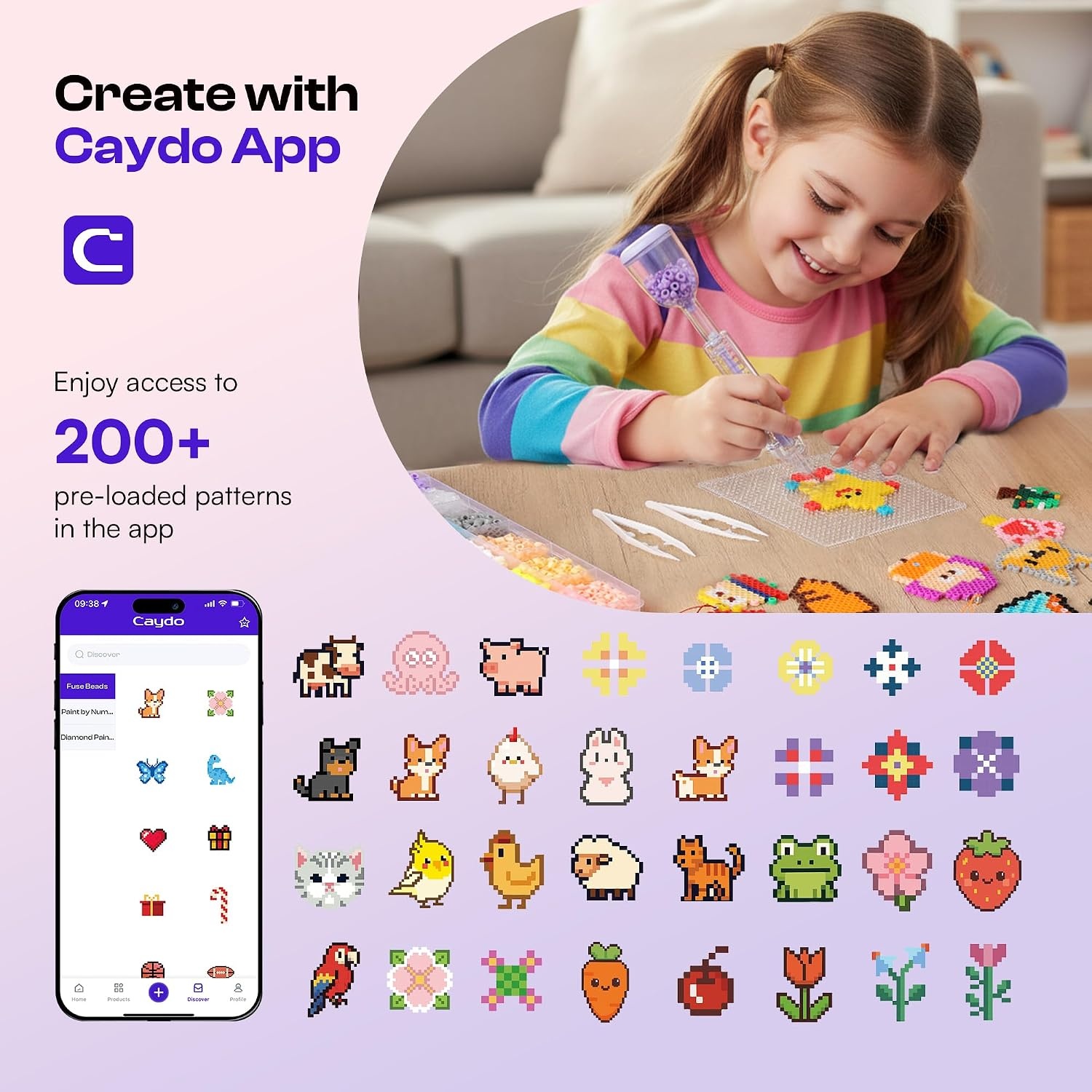 image:imageCaydo Fuse Beads Kit with Fuse Bead Pen Design App amp 200 Patterns for Beginners 10500PCS 36 Colors 5mm for Girl Holiday Home DIY Decor Creative ProjectsFuse Beads Kit with Pen  Iron