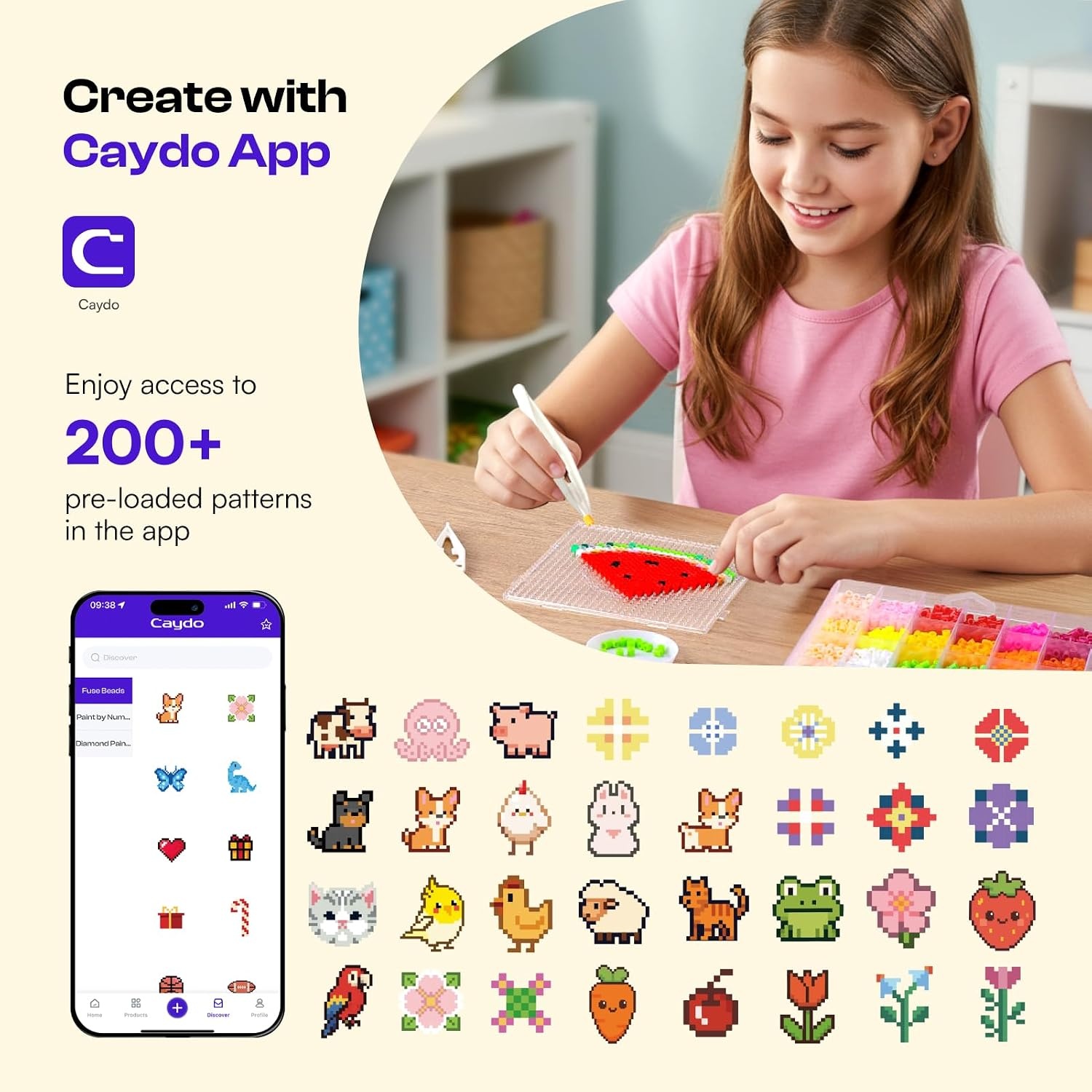 image:imageCaydo Fuse Beads Kit with Fuse Bead Pen Design App amp 200 Patterns for Beginners 10500PCS 36 Colors 5mm for Girl Holiday Home DIY Decor Creative ProjectsFuse Beads Kit with Iron