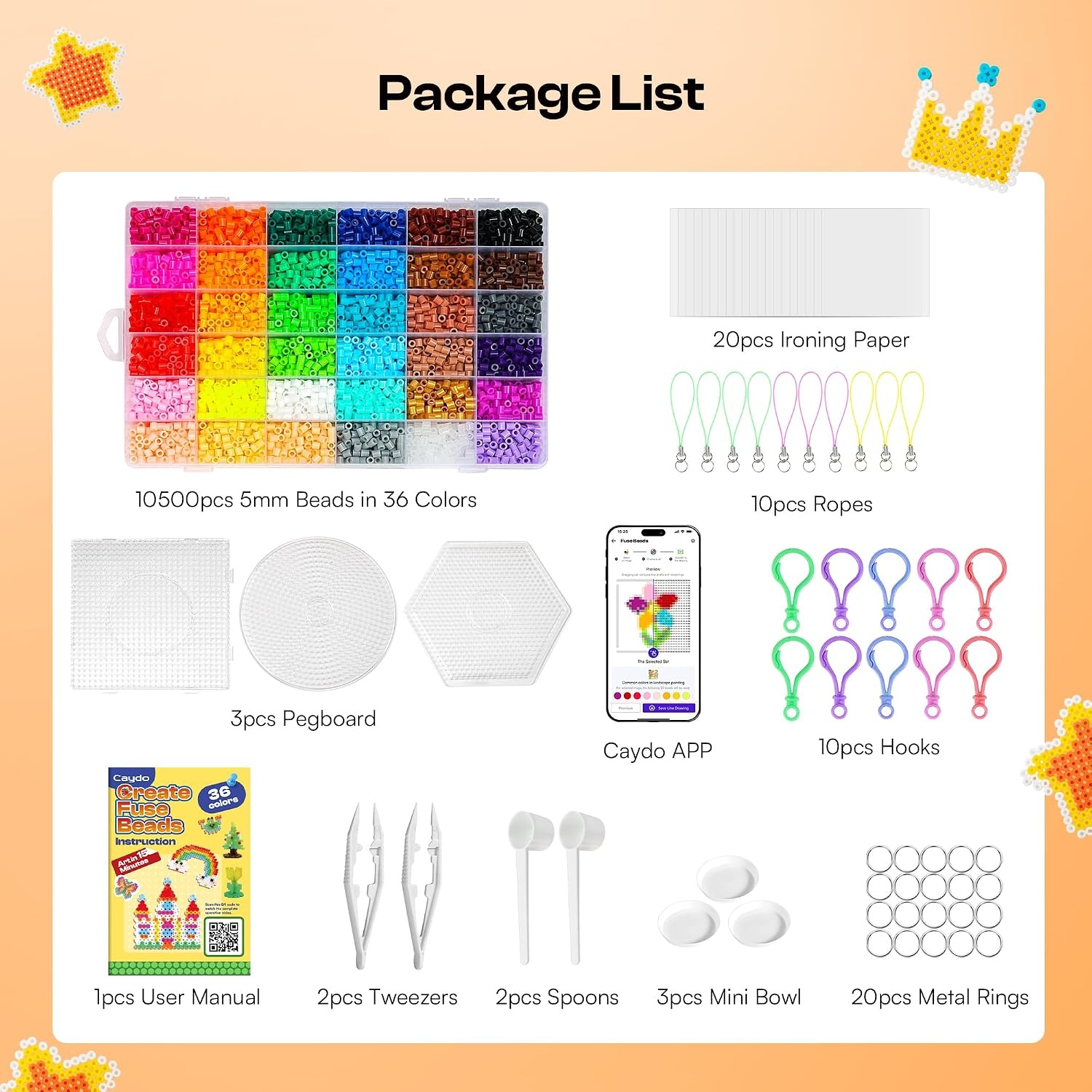 image:imageCaydo Fuse Beads Kit with Fuse Bead Pen Design App amp 200 Patterns for Beginners 10500PCS 36 Colors 5mm for Girl Holiday Home DIY Decor Creative ProjectsFuse Beads Kit