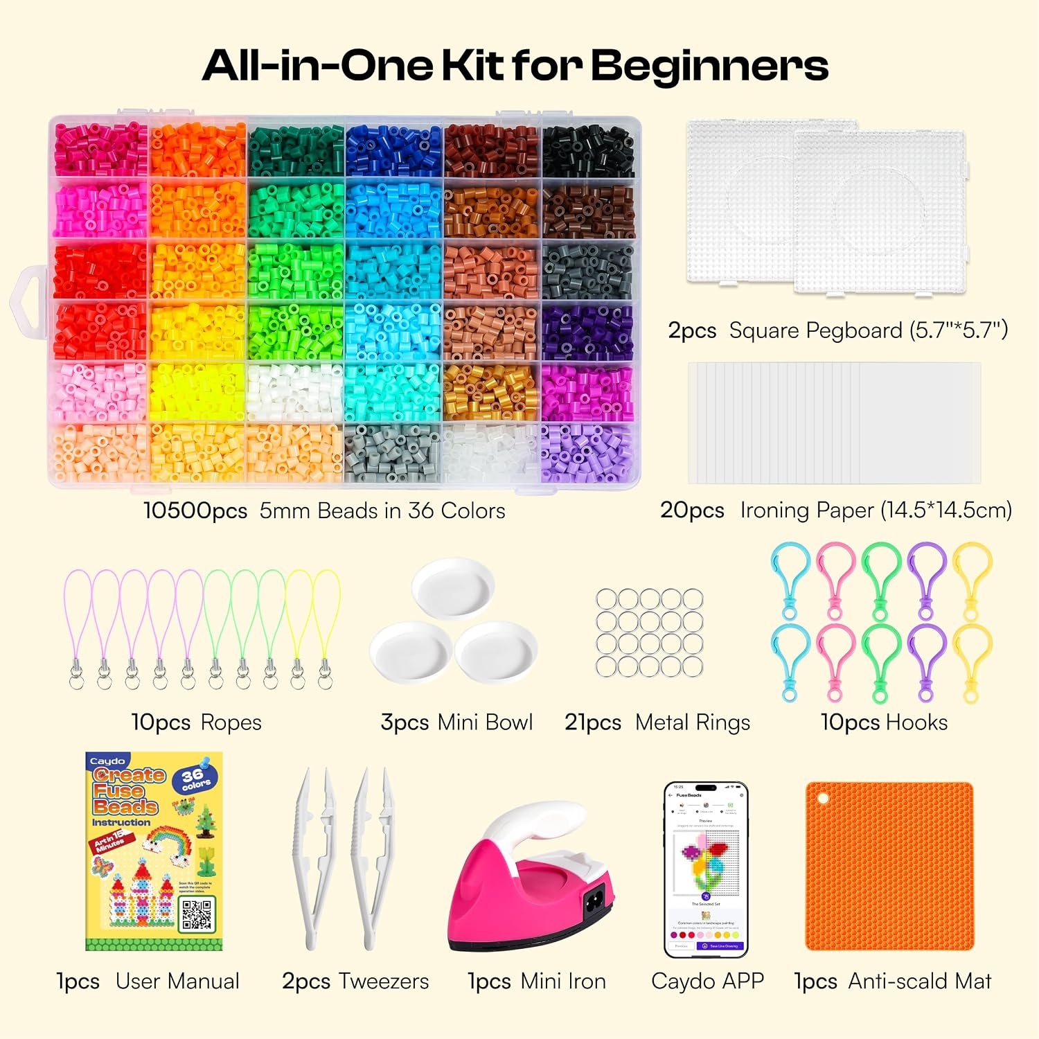 image:imageCaydo Fuse Beads Kit with Fuse Bead Pen Design App amp 200 Patterns for Beginners 10500PCS 36 Colors 5mm for Girl Holiday Home DIY Decor Creative ProjectsFuse Beads Kit with Iron