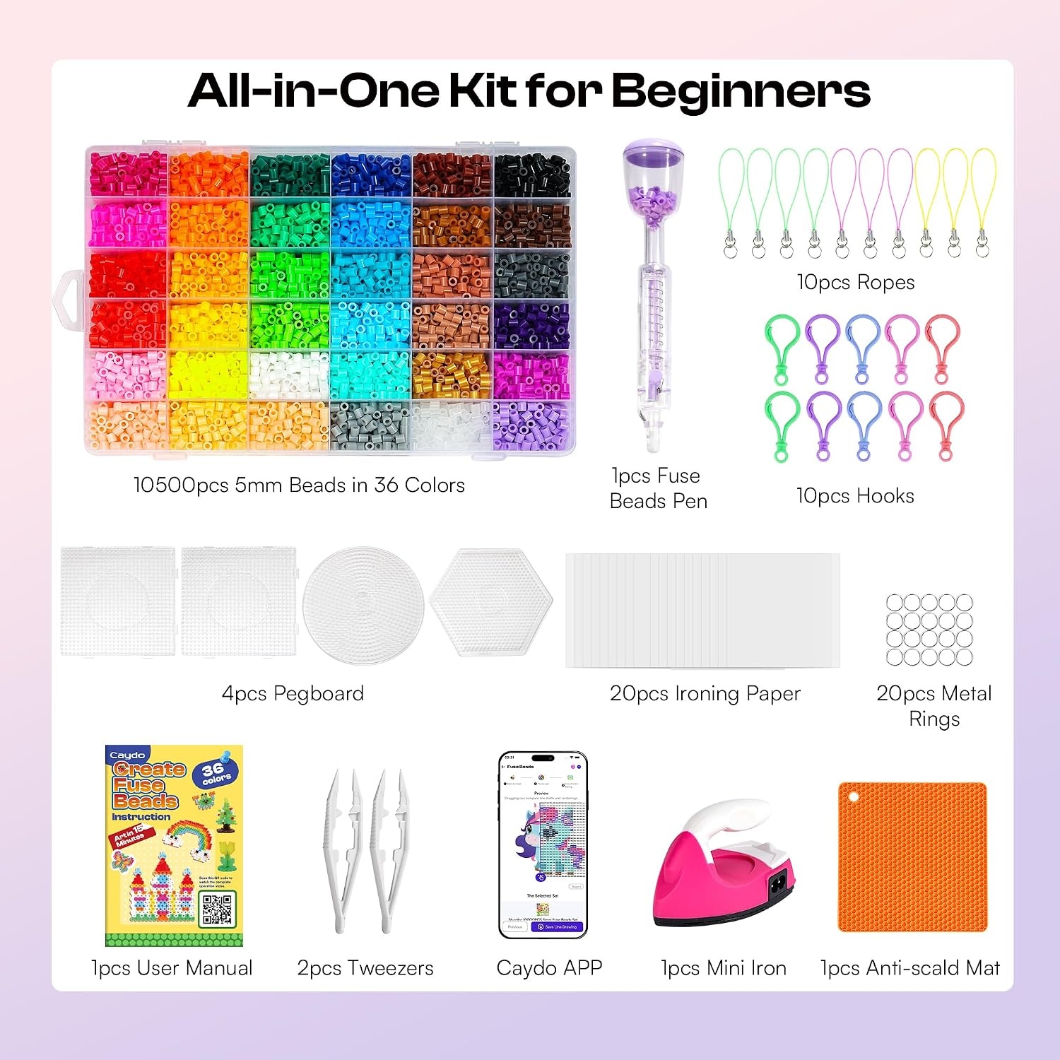 image:imageCaydo Fuse Beads Kit with Fuse Bead Pen Design App amp 200 Patterns for Beginners 10500PCS 36 Colors 5mm for Girl Holiday Home DIY Decor Creative ProjectsFuse Beads Kit with Pen  Iron