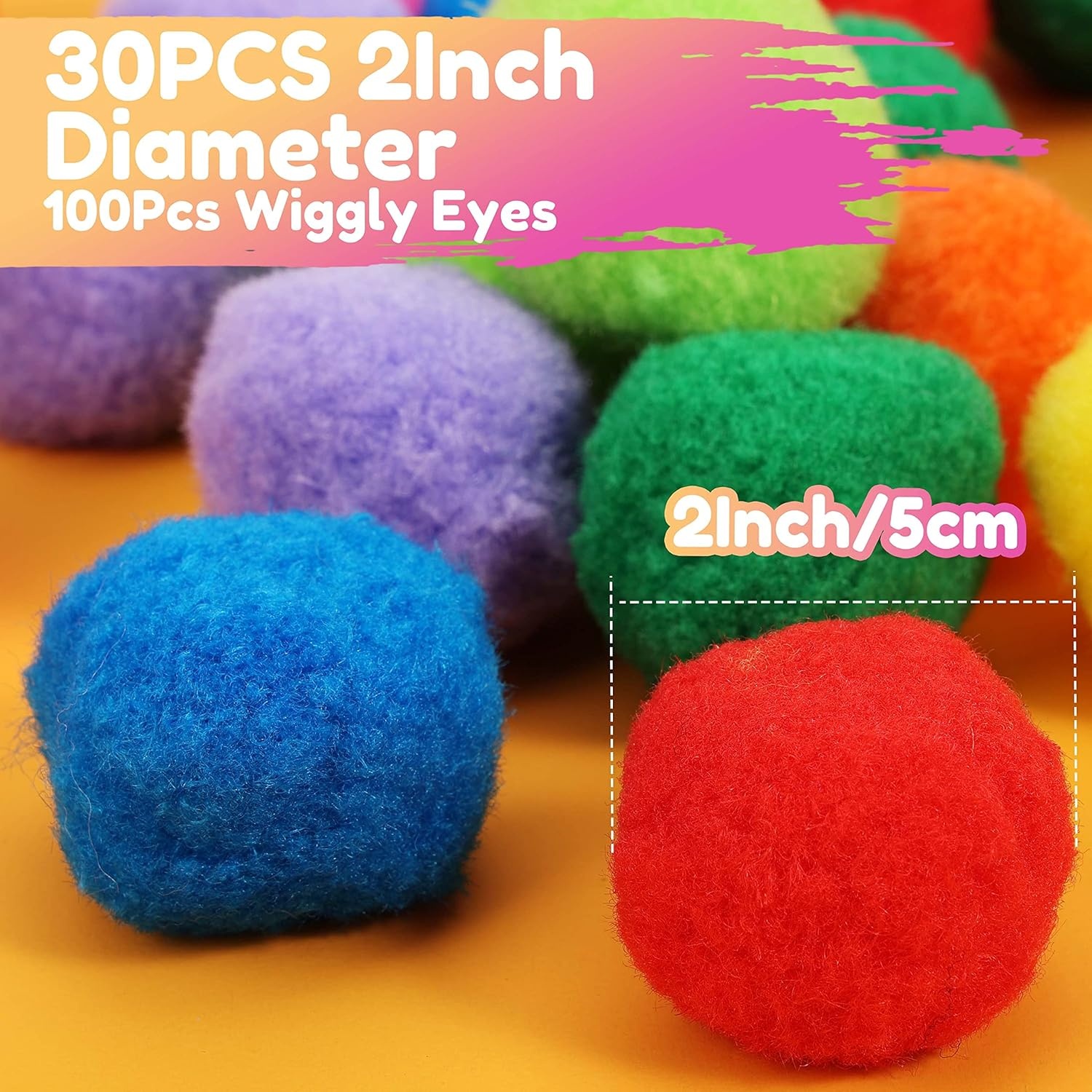 image:imageCaydo 130pcs 30pcs 2 Inch Large Pom Poms with 100pcs Wiggly Eyes Multicolor Pompoms for Valentines Day Decorations Arts and Crafts Kids DIY Projects