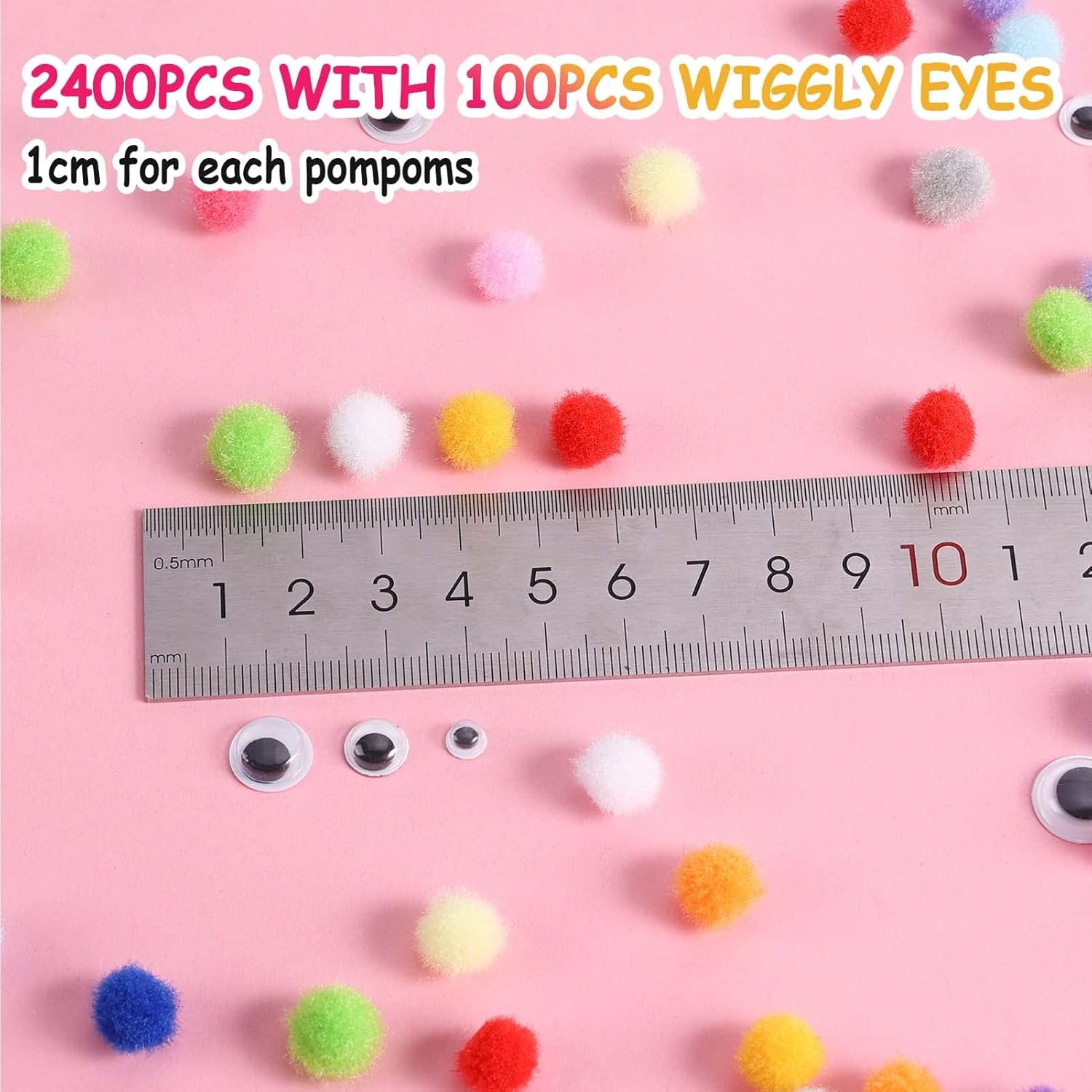 image:imageCaydo 2400 Pieces 1cm Pom Poms Multicolor Small Pompom Balls with 100 Pieces Wiggly Eyes for Kids Arts Crafts Projects and Home Decorations1cm Pack of 2