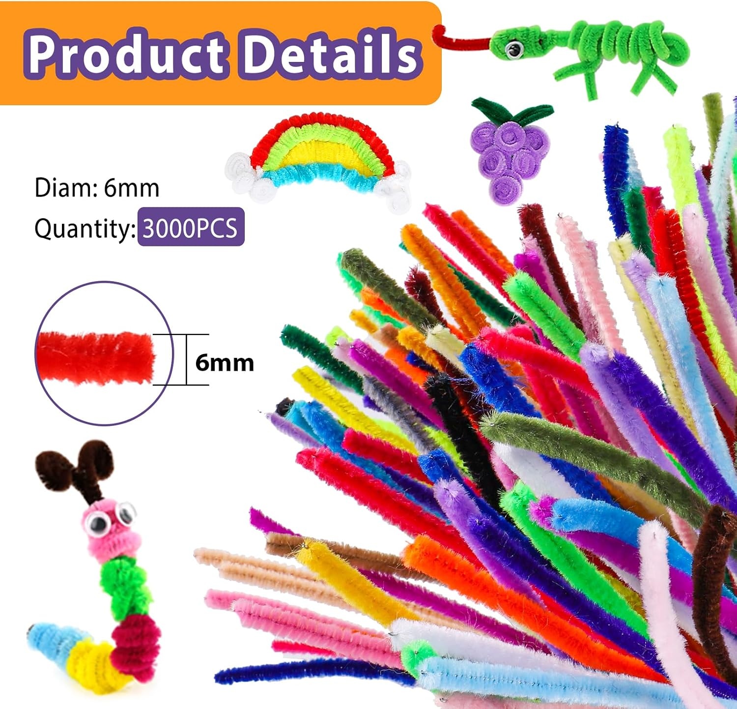 image:imageCaydo 3000 Pieces 40 Colors Pipe Cleaners Craft Supplies with 100 Pieces Wiggle Eyes Soft Chenille Stems for Kids DIY Creative Crafts Decoration 6 mm x 12 Inch
