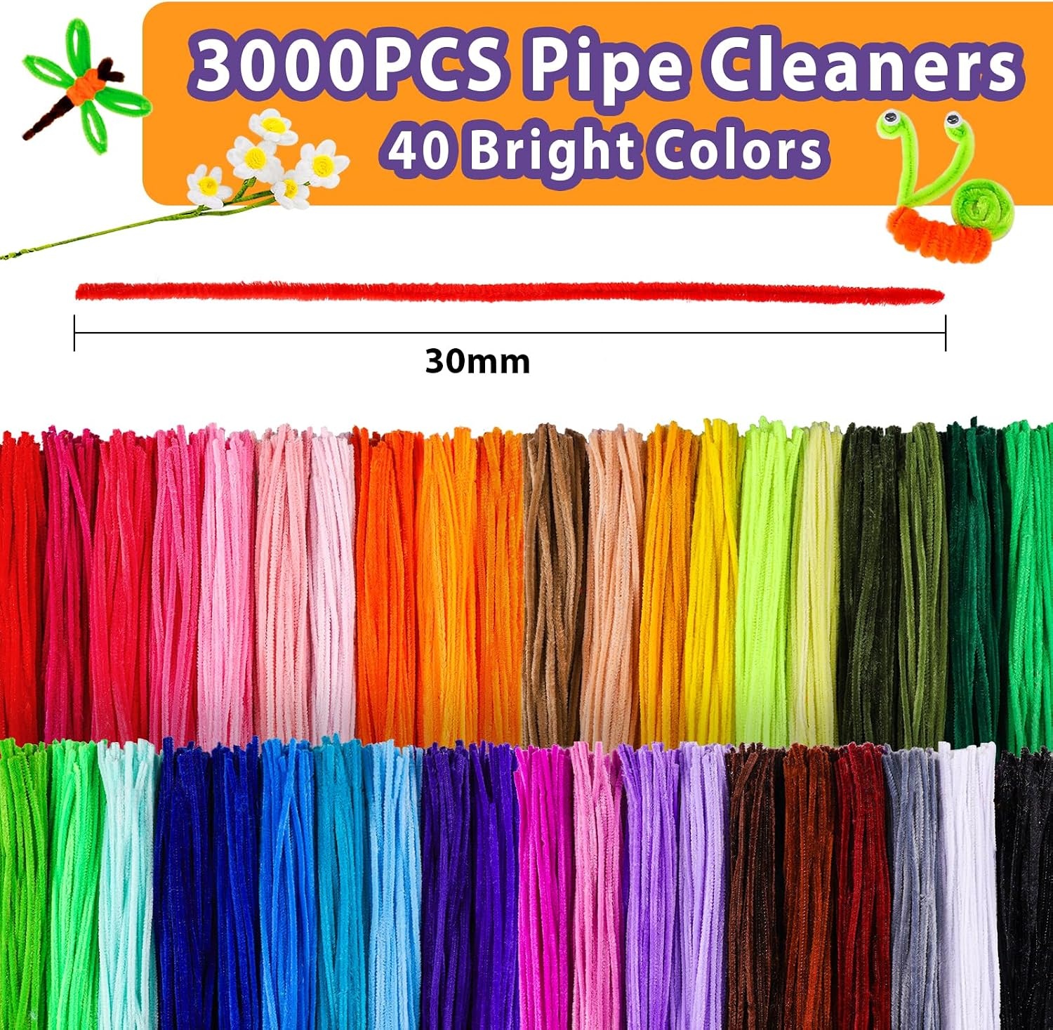image:imageCaydo 3000 Pieces 40 Colors Pipe Cleaners Craft Supplies with 100 Pieces Wiggle Eyes Soft Chenille Stems for Kids DIY Creative Crafts Decoration 6 mm x 12 Inch